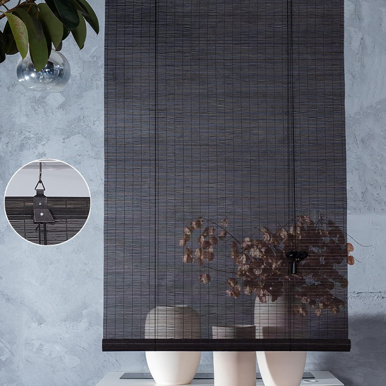 Persiana enrollable de bambú para filtrar la luz, transpirable, privacidad y privacidad, persianas enrollables de bambú para colgar, fácil de