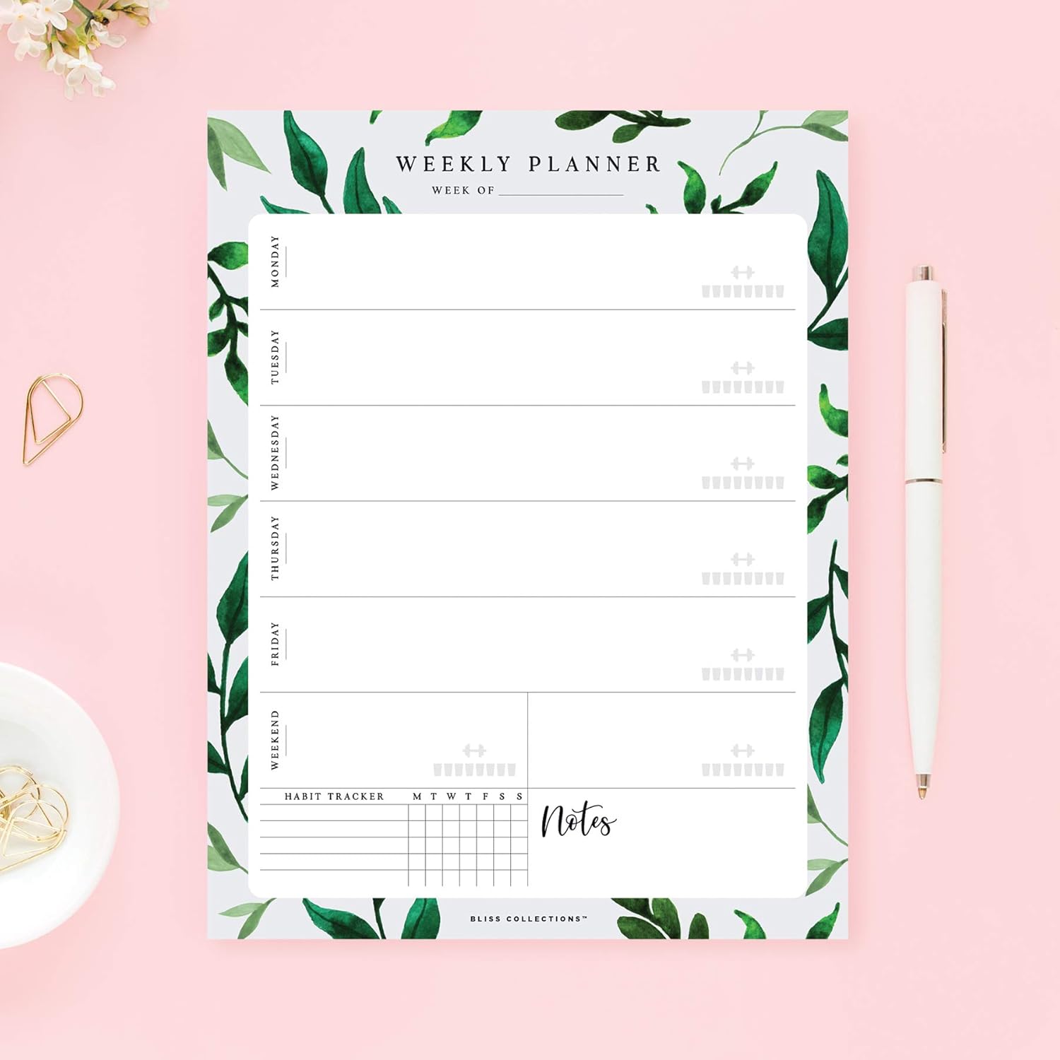 Bliss Collections Agenda semanal, acuarela verde, hojas sin fecha, bloc de notas que incluye calendario, organizador, programador para objetivos,