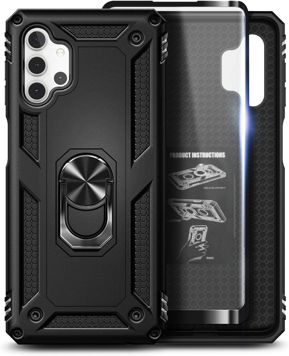 NZND Funda para Samsung Galaxy A32 5G con protector de pantalla de vidrio templado (cobertura máxima), soporte de anillo magnético de metal, cuerpo
