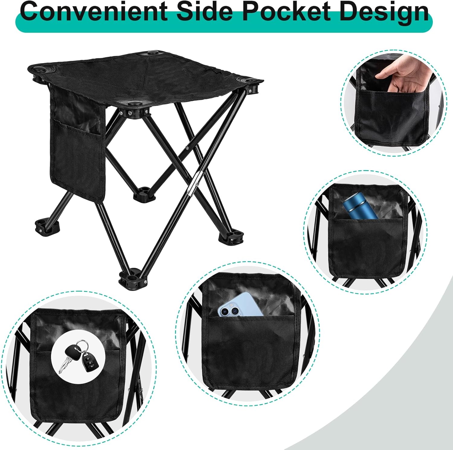 ReeMoo Taburete de campamento, pequeño taburete plegable portátil con bolsillo lateral y bolsa de almacenamiento, fácil de plegar y almacenar,