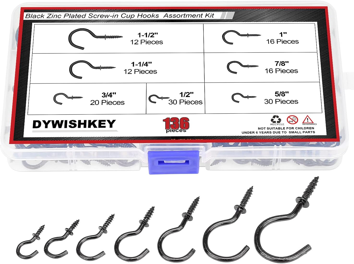 DYWISHKEY – Ganchos de rosca para colgar, kit de 136 ganchos de taza de 7 tamaños, ganchos de taza chapados en zinc negro para el hogar, la oficina