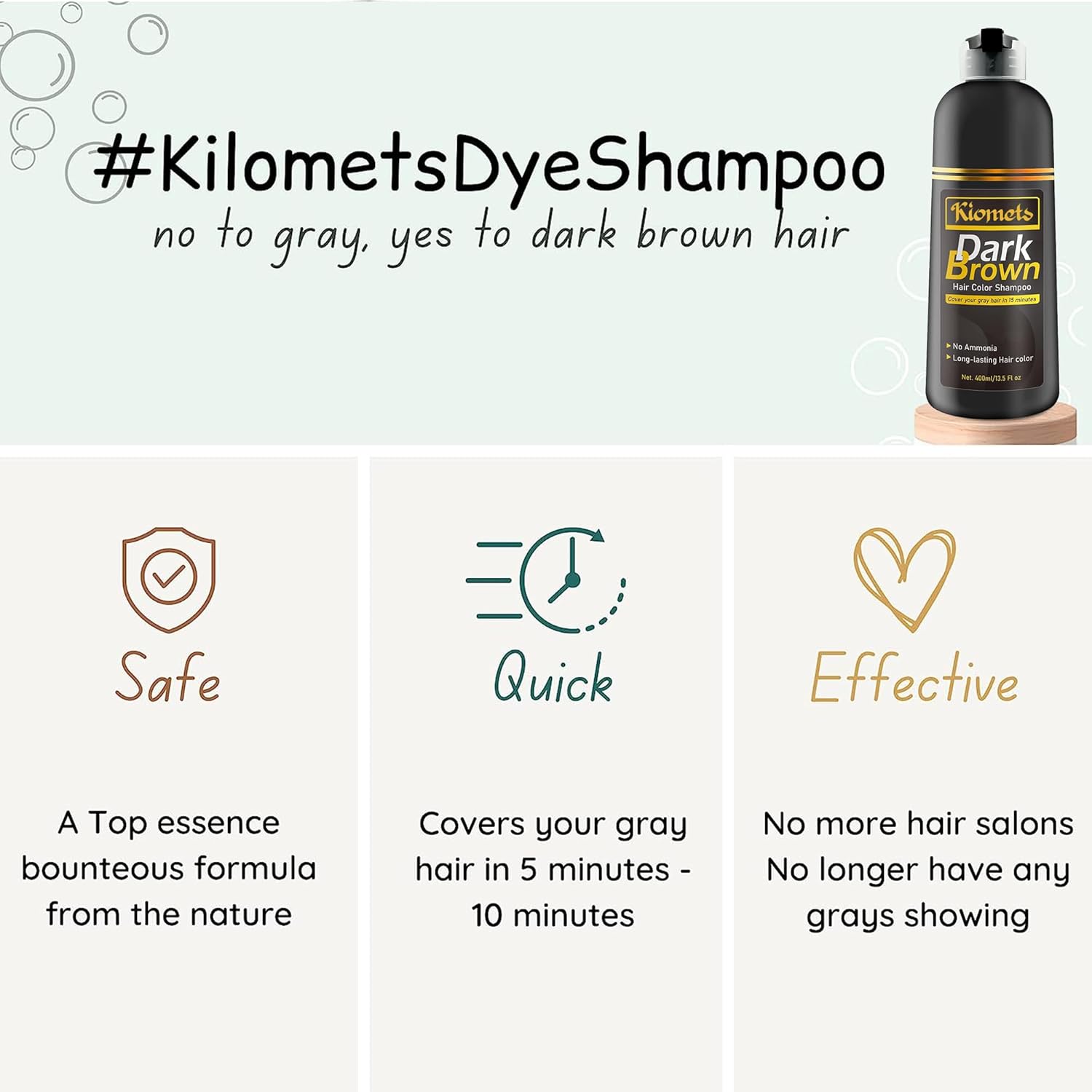 Champú de tinte para el cabello castaño oscuro, 13.5 fl oz, 100% cobertura de canas en minutos, champú de color de cabello sin amoníaco, cabello