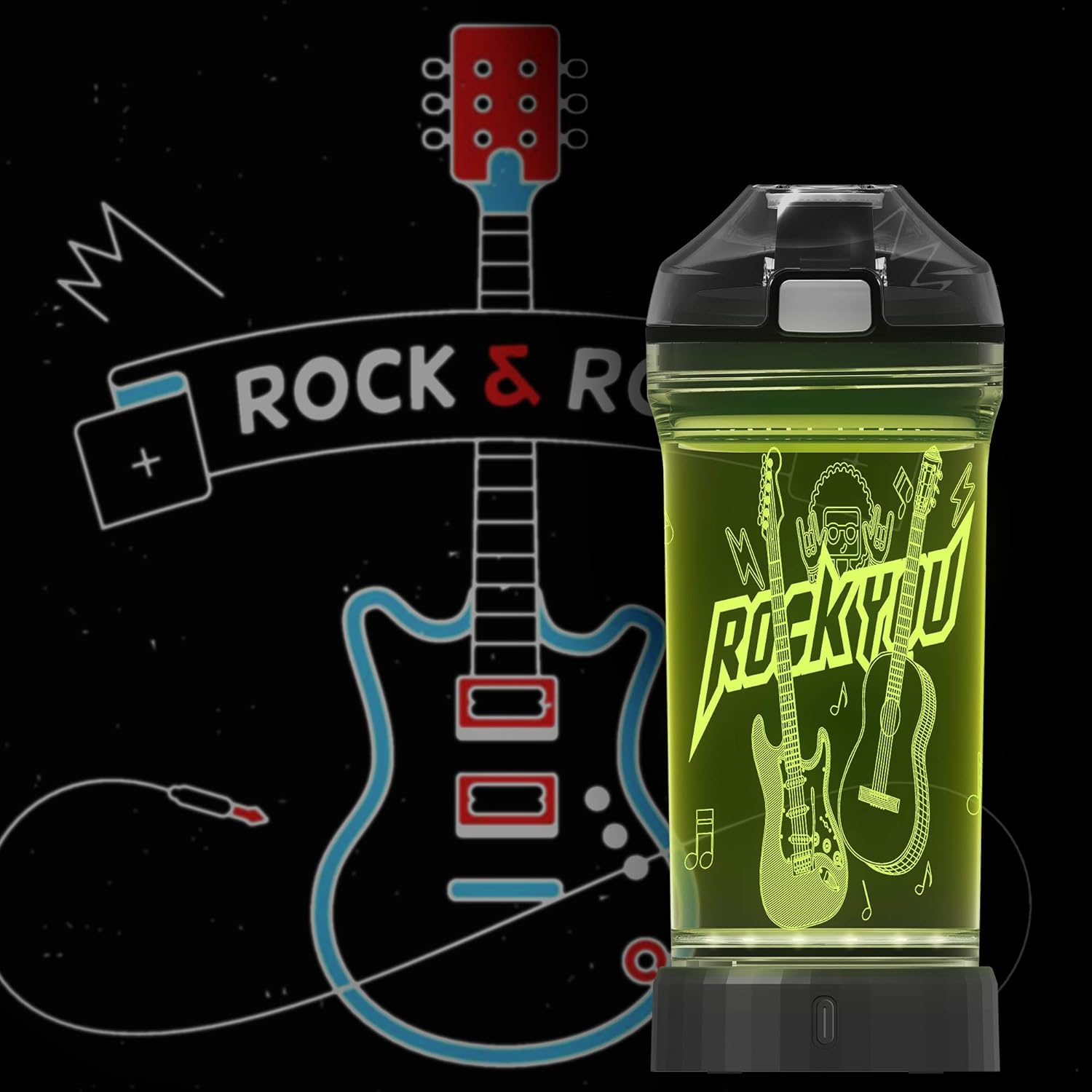 Botella de agua para niños con luz LED de guitarra brillante 3D, Tritan sin BPA, taza de viaje creativa ideal para regalo de música para el regreso