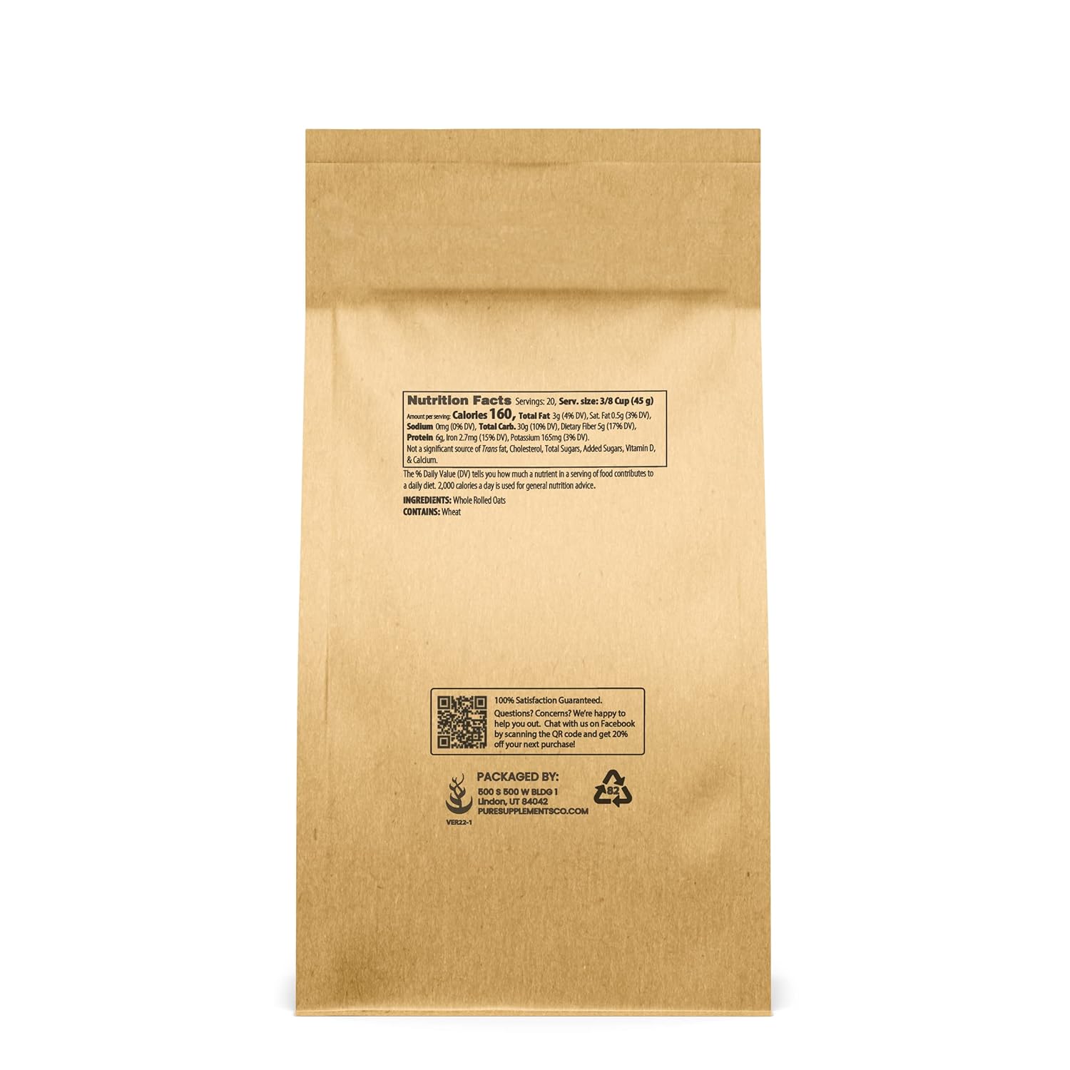Pure Original Ingredients Avena enrollada (2 libras) Anticuado, sabor suave, textura suave, embalaje resellable,