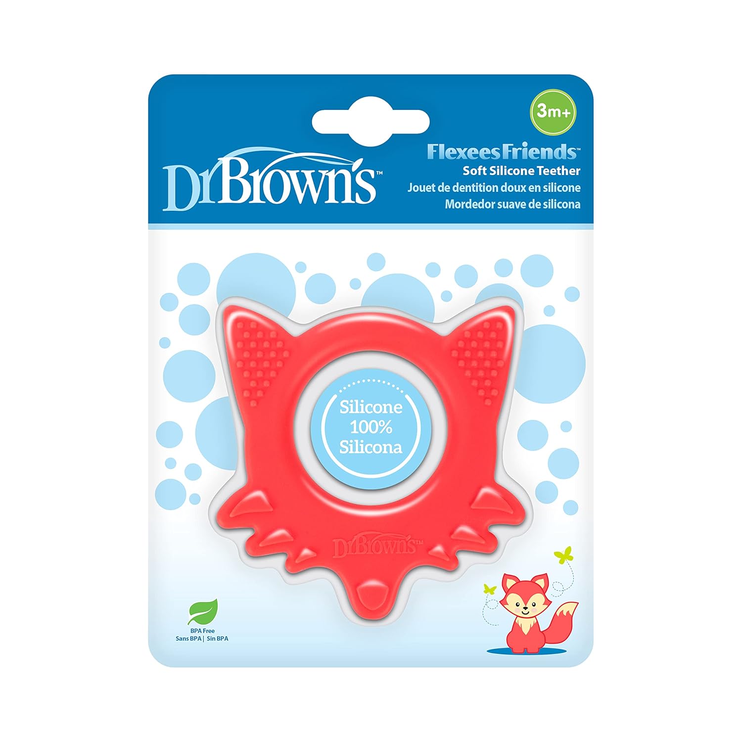 Dr. Brown’s Flexees Friends Orange Fox, suave 100% silicona para bebé, sin BPA, 3 meses +