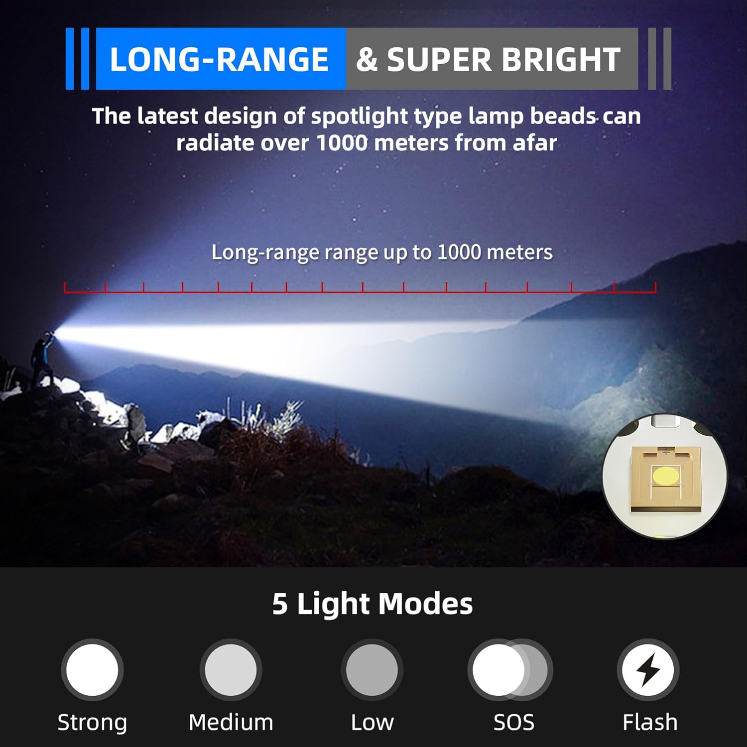 DARKBEAM Linterna LED de alto lúmenes 950000LM súper brillante, linterna táctica de emergencia recargable USB-C potentes, luz de flash enfocable de