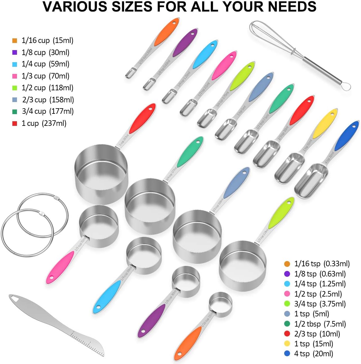 Wildone – Juego de 20 tazas y cucharas medidoras de acero inoxidable, apilables, incluye 8 tazas medidoras, 10 cucharas medidoras, 1 nivelador y 1