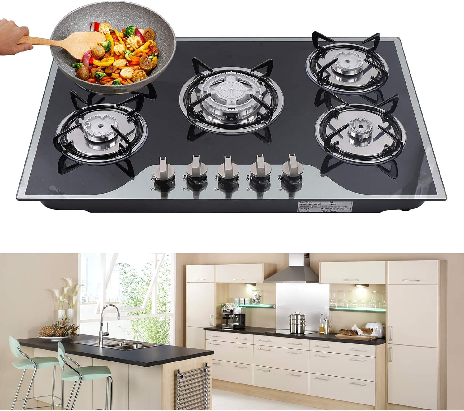 Panel de vidrio templado negro de 15 pulgadas, placa de gas LPG integrada, placa de cocina portátil de gas LPG, encimera de cocina de gas doble para