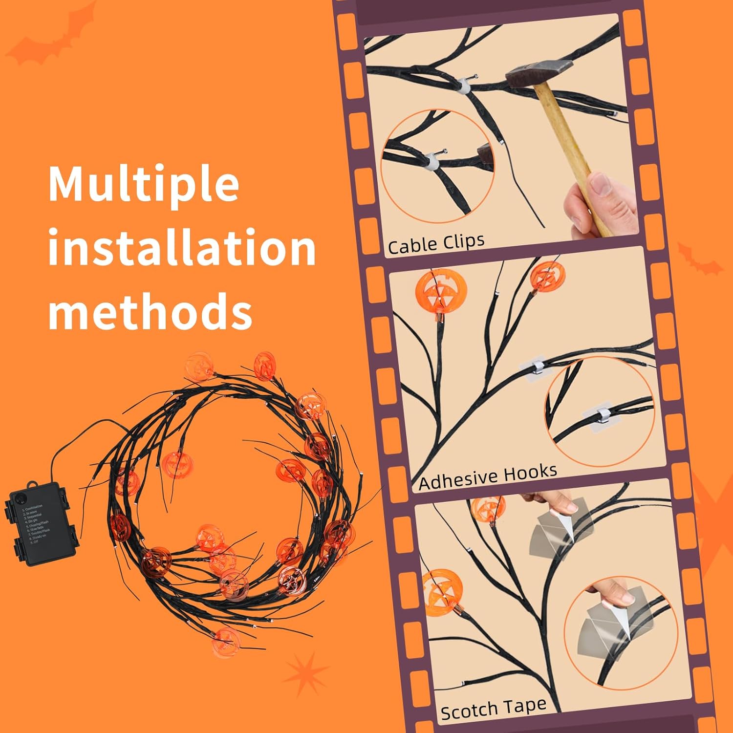 Luces LED de Halloween, decoraciones impermeables luces de vid de sauce para pared interior, funciona con pilas, murciélagos encantados de
