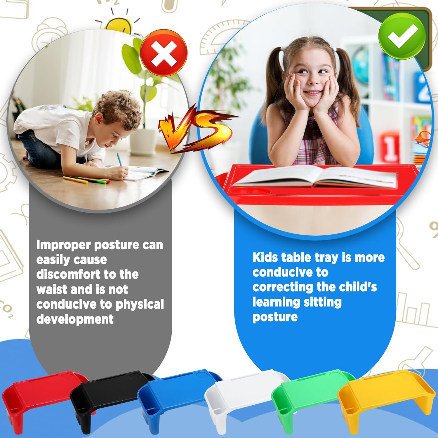 Leinuosen 6 bandejas de escritorio para niños con almacenamiento de plástico para desayuno, bandejas para laptop con bolsillos laterales y ranura,