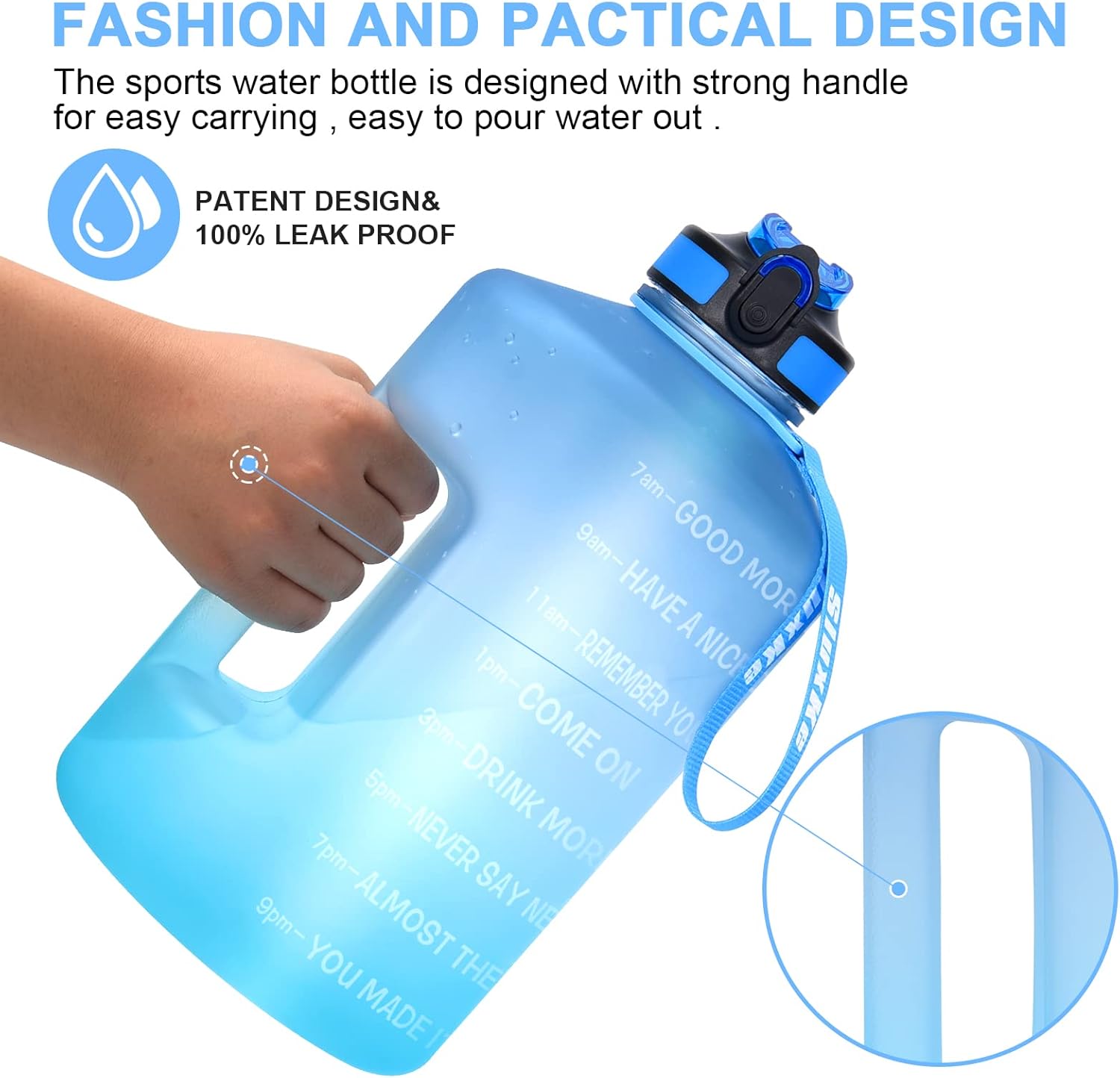 Botella de agua de 1 galón con marcador de tiempo y popote, sin BPA, 128 onzas, a prueba de fugas, jarra de agua grande motivacional con asa, jarra