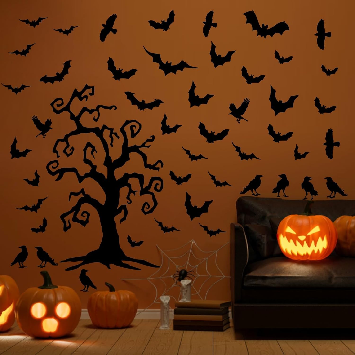 Calcomanías gigantes de Halloween para ventana, calcomanías de murciélagos para ventana de árbol de Halloween, calcomanías de decoración de pared de