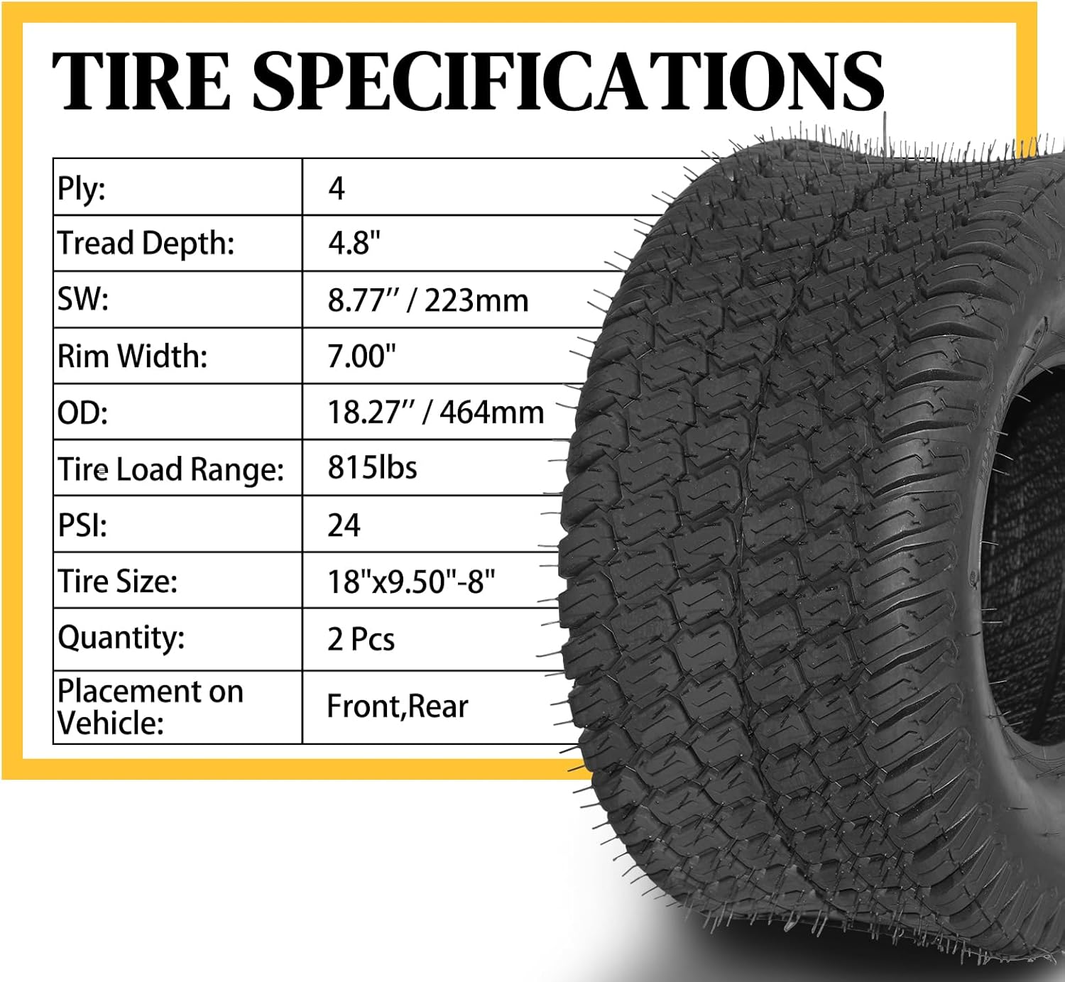 Motorhot Juego de 2 neumáticos de césped de 18 x 9.50-8 18 x 9.50 x 8 pulgadas, 4PR para carrito de golf