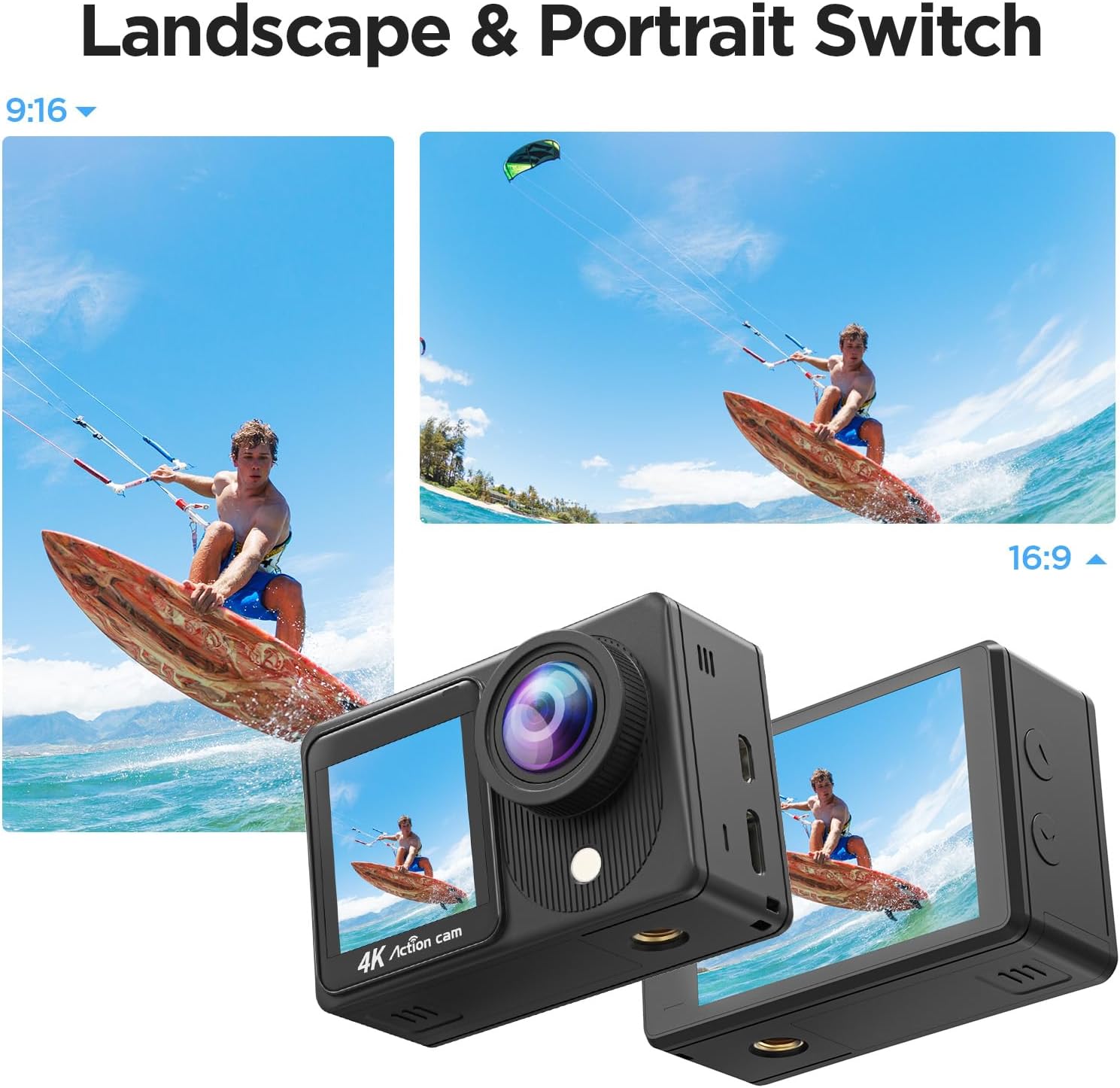 Cámara de acción de doble pantalla 4K30FPS, cámara de video con pantalla táctil HD de 20 MP, cámaras impermeables de 131 pies, control remoto de