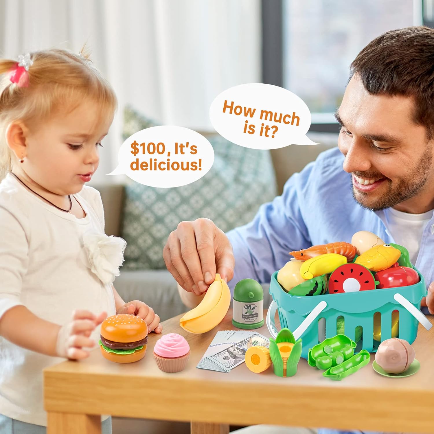 Juego de cocina de 130 piezas, ollas de juego de cocina para niños, sartenes, utensilios de cocina, alimentos diarios, frutas y verduras, cesta de