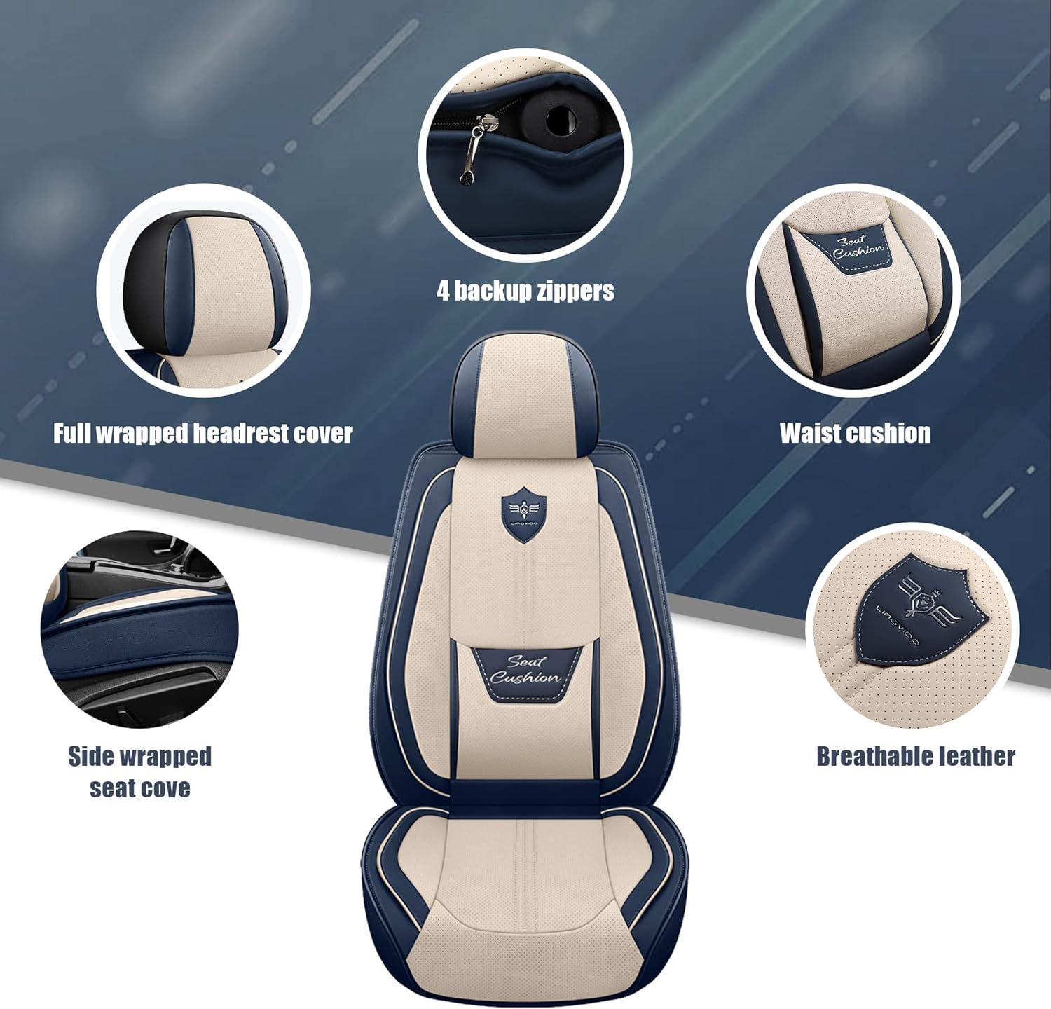 LINGVIDO Fundas de cuero para asiento de automóvil, funda transpirable para automóvil, accesorios de cojín para automóviles y SUV, camión, juego de