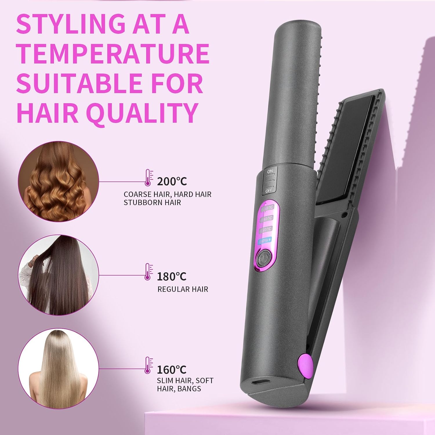OBEST Rizador de pelo inalámbrico 2 en 1, mini plancha plana inalámbrica portátil de viaje, calentamiento rápido, alisador de 3 niveles