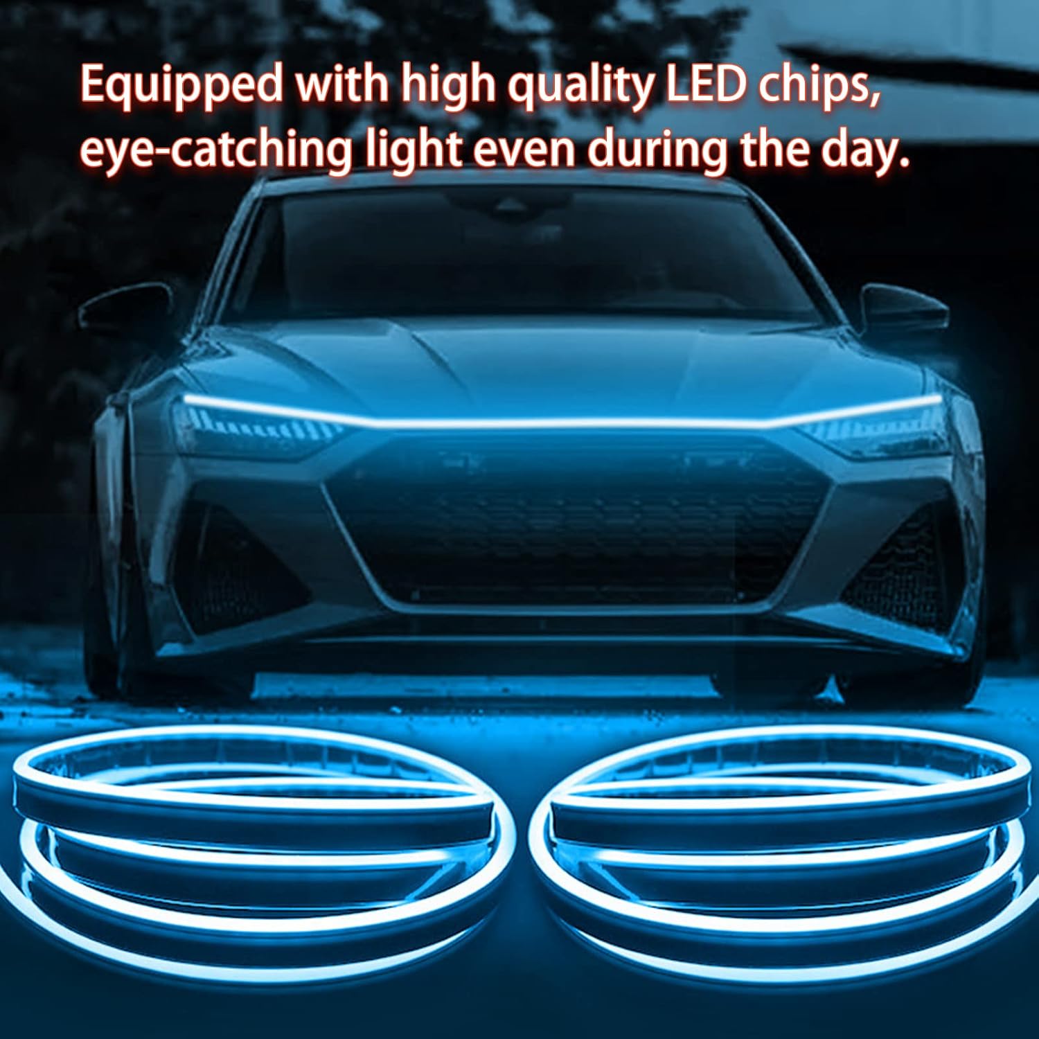 Tira de luz para capó de automóvil, 79 pulgadas, color azul hielo, tira de luces LED para capó, flexible, impermeable, escaneo dinámico DC12V, luces