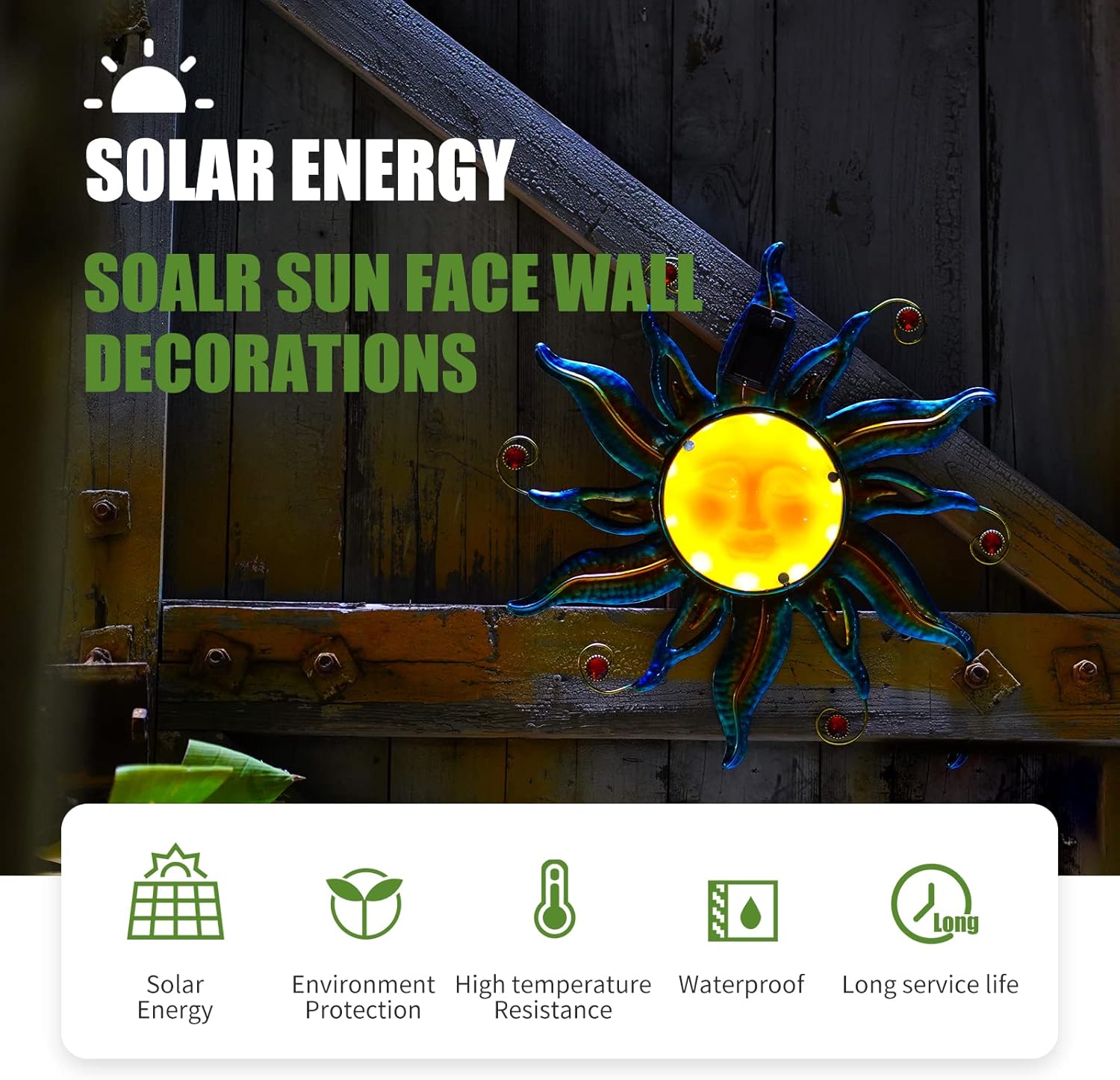 Fashionoda Arte de pared de cara solar de 18 pulgadas, escultura de sol de metal con luces LED y cara sonriente, decoración para colgar en la pared