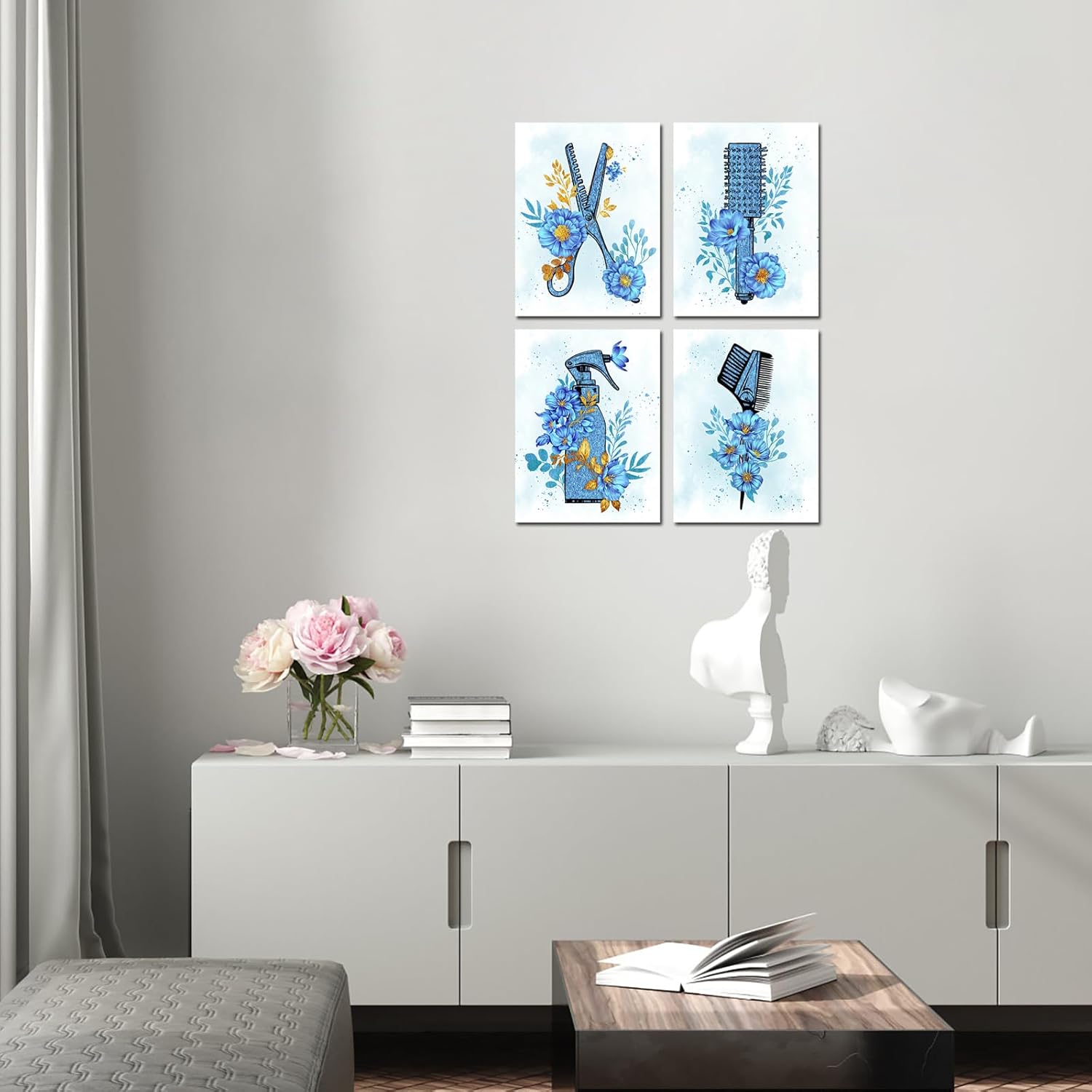 sechars Peluquería decoración de pared herramientas de peluquería pintura pintura lienzo impresiones azul moda arte de pared para sala de maquillaje