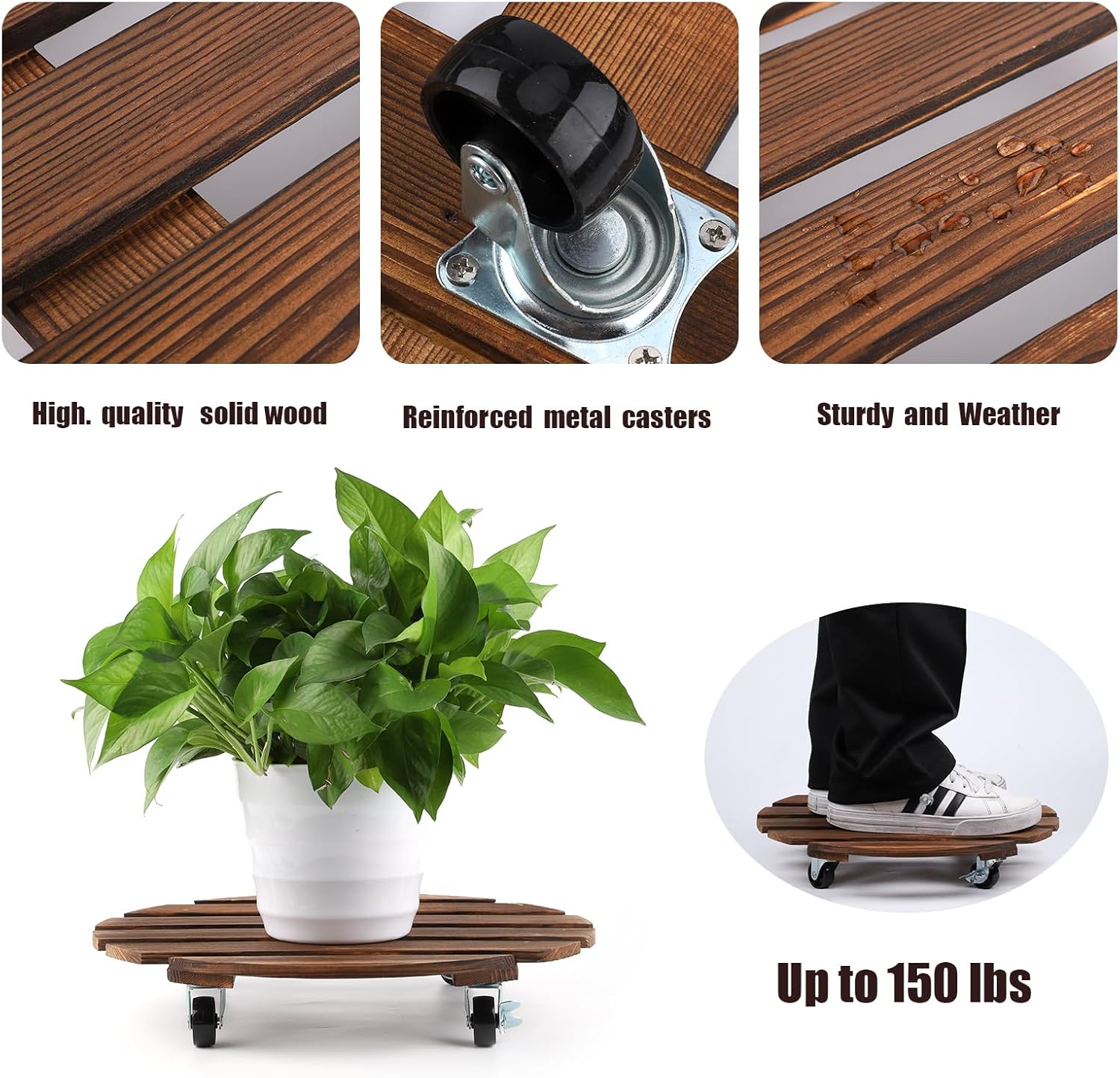2 piezas de madera para plantas con ruedas bloqueables, carrito redondo de 12 pulgadas para transportar fácilmente macetas de 150 libras para
