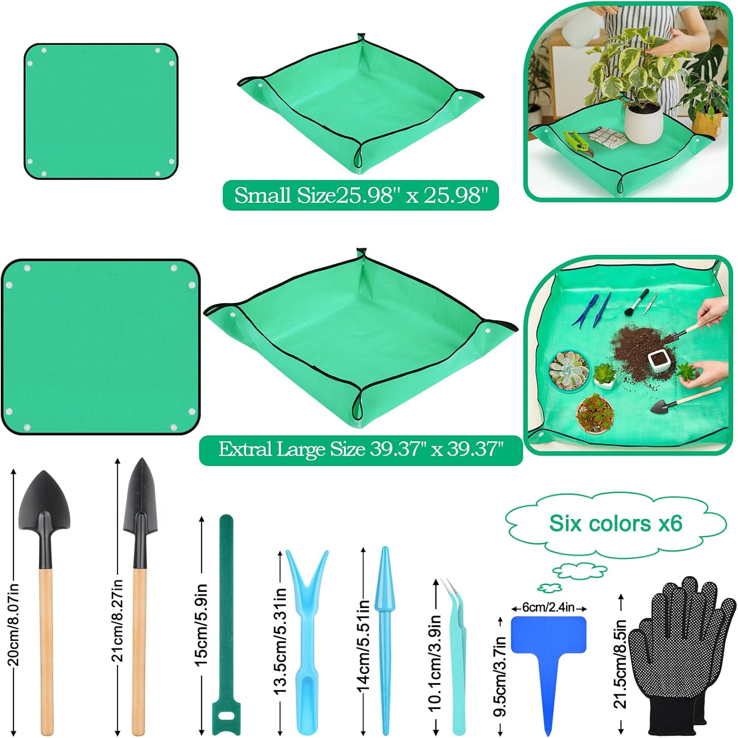Tapete de trasplante para plantas de interior, tapete grande de 39 pulgadas y tapete de plantación pequeño de 26 pulgadas con accesorios para