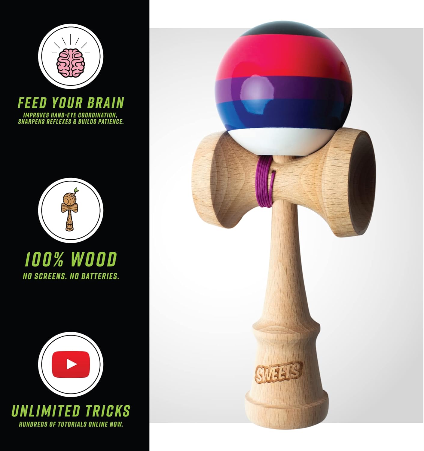 Sweets Kendamas Prime Kendama de 5 rayas – Todos los niveles, diseño de rayas, paquete de regalo de accesorios de cuerda extra (Slushy)