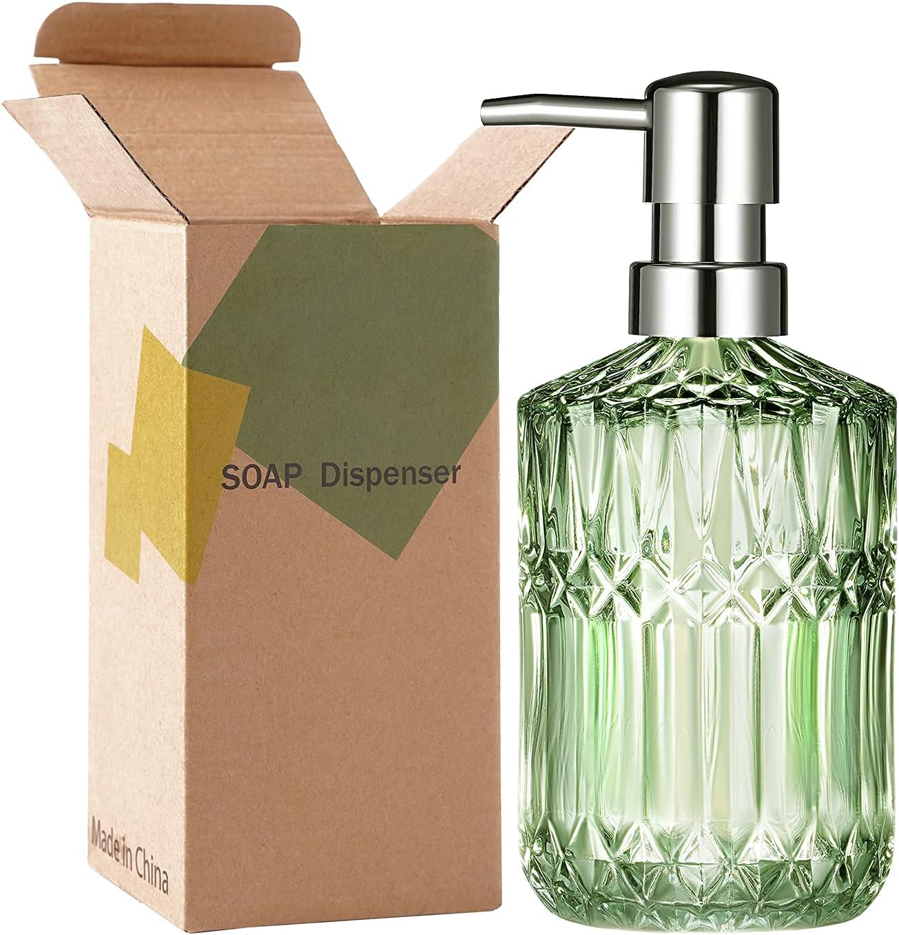 Diamond Design – Dispensador de jabón de vidrio verde de 12 onzas, dispensador de jabón de loción recargable para baño, cocina, jabón de manos,