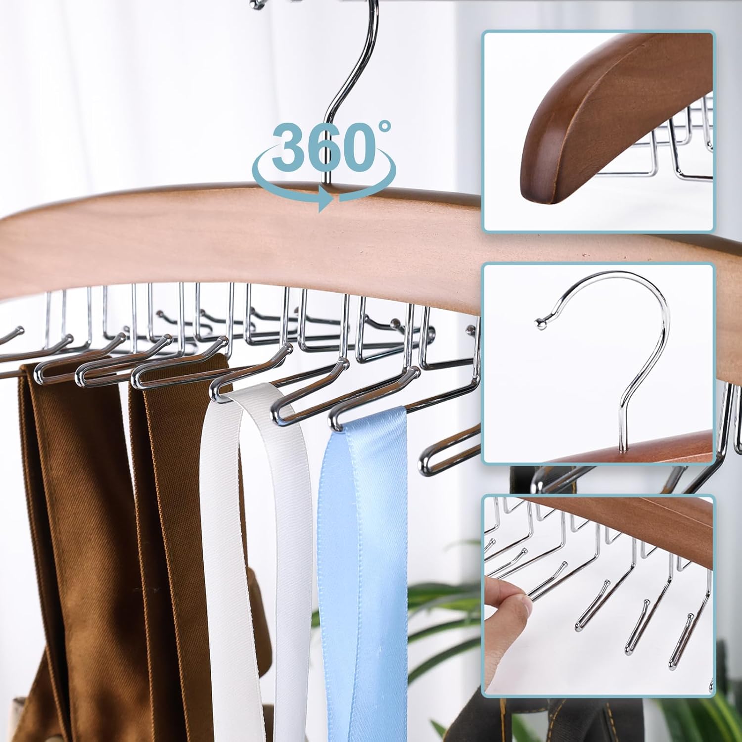 Gancho de corbata de madera, soporte para corbata, organizador de cinturón para armario, 24 ganchos giratorios de 360 para cinturón de corbata de