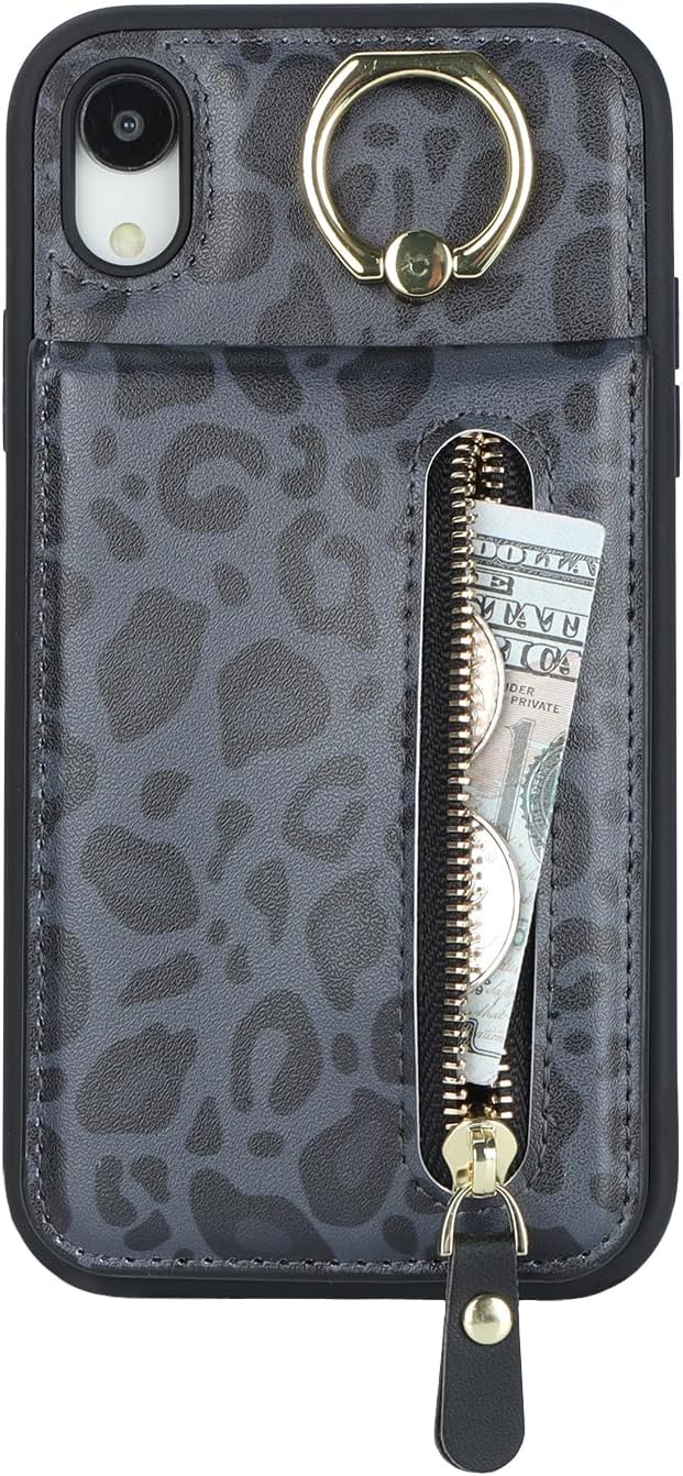 Funda para iPhone XR para mujer, funda para iPhone XR con tarjetero con tarjetero con soporte para tarjeta de crédito con anillo, cierre de