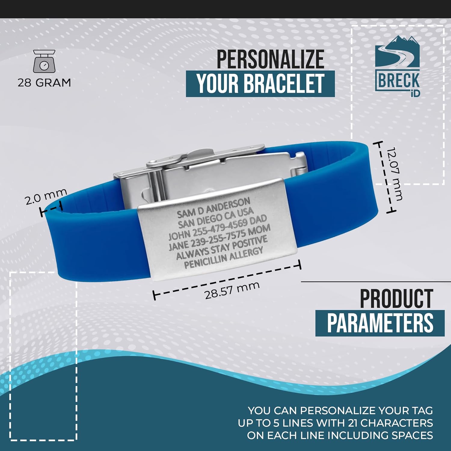 BRECK iD – Pulsera de alerta médica PRO THIN ID – Pulsera de emergencia personalizada para mujeres y hombres, silicona cómoda, acero inoxidable