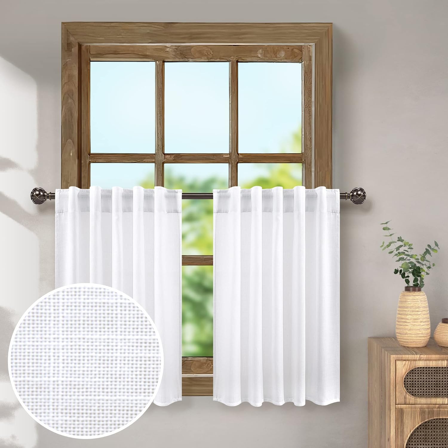 Cortinas blancas de cocina de 36 pulgadas de largo, juego de 2 paneles de media ventana, bolsillo trasero, cortinas de café de nivel pequeño,
