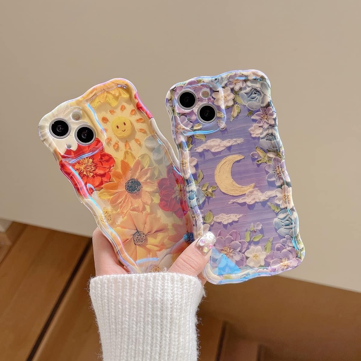 Funda para iPhone 13 Pro, lindo diseño de borde ondulado transparente IMD con flores de patán, duradera, a la moda, retro, de silicona, funda