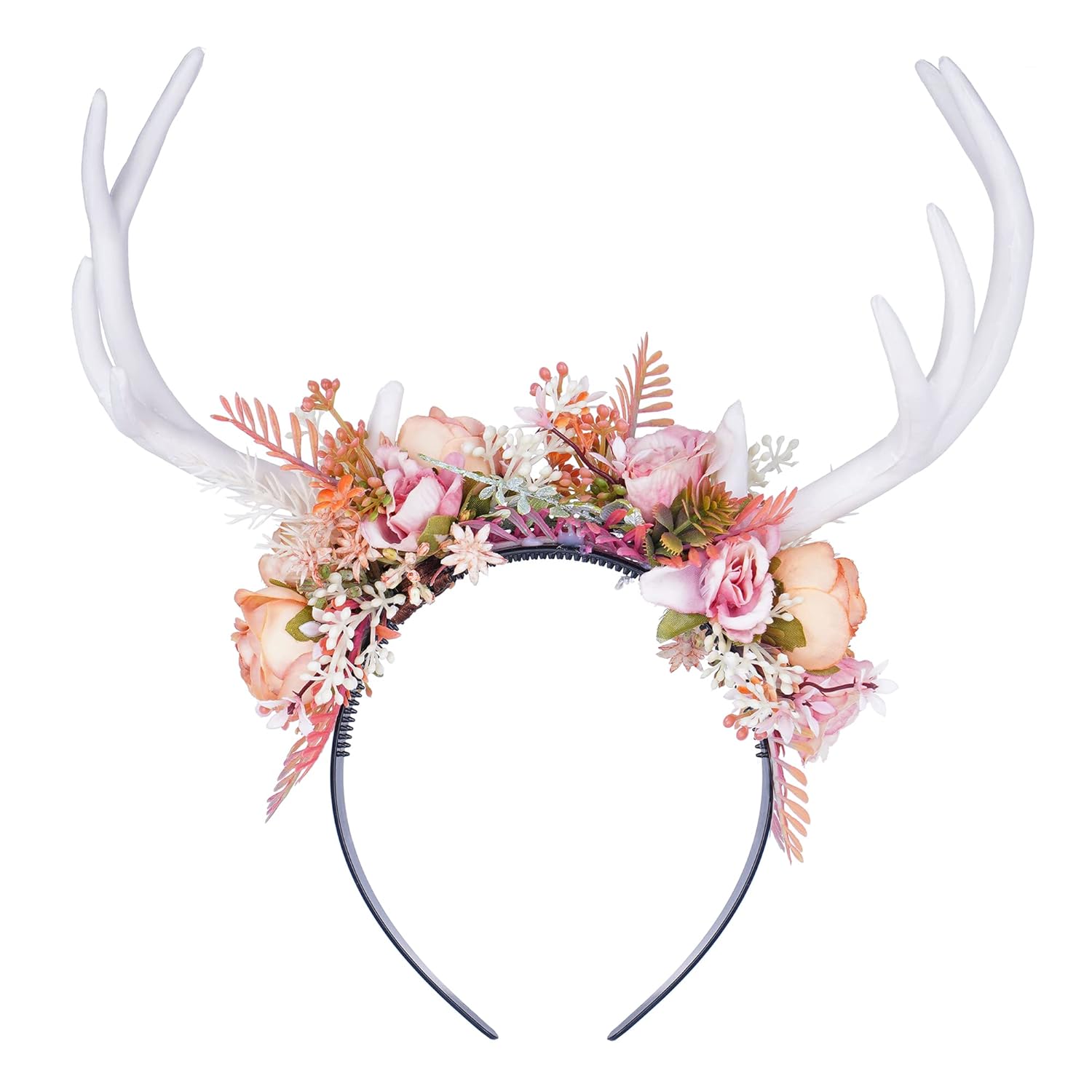 MOSTORY Diadema hecha a mano con cuernos de ciervo de hada, diadema de reno bohemio con flores, cornamenta de bosque, accesorio para el cabello para