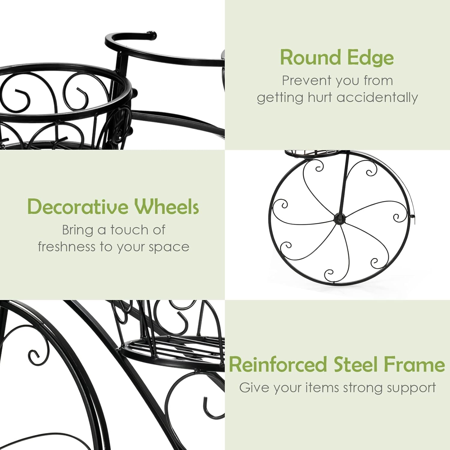 Giantex Maceta de metal para bicicleta, soporte de 3 niveles para plantas de flores con 3 ruedas decorativas, soporte de exhibición de flores de