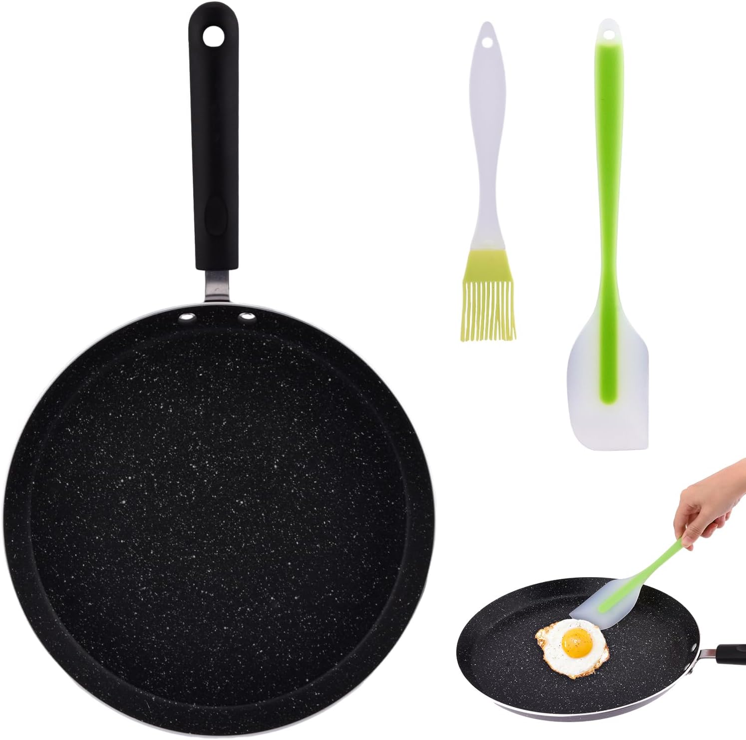 OTJENL Sartén antiadherente para crepes, sartén de 11 pulgadas con raspador y cepillo de aceite, sartén para tortillas, para cocinar huevos, freír,