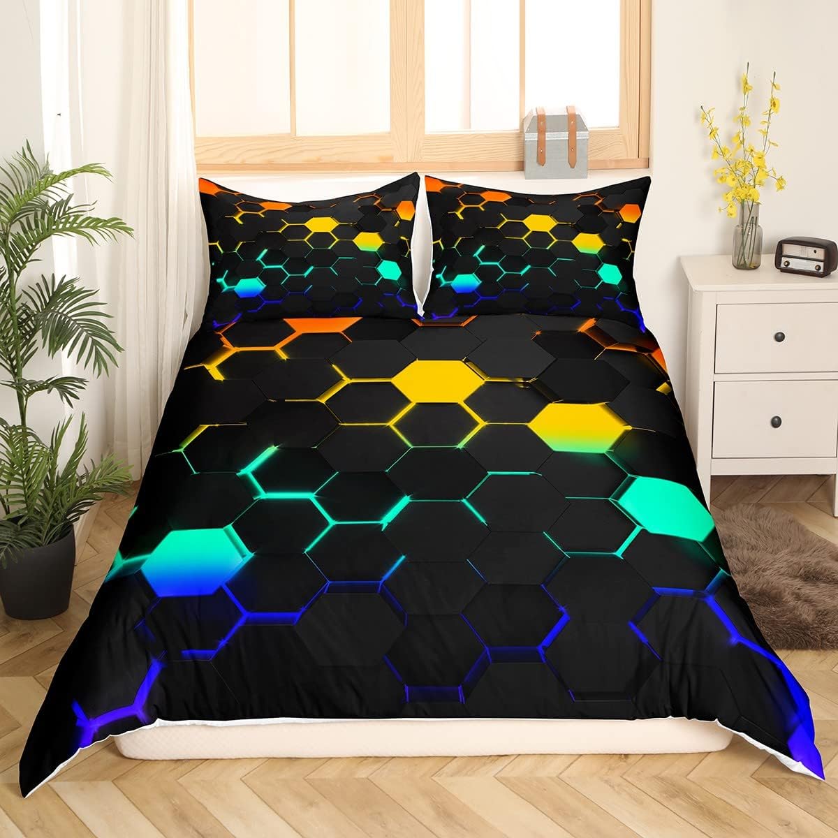 Juego de ropa de cama de panal 3D tamaño Queen, juego de funda de edredón hexagonal de luz neón colorida de 3 piezas para niños, adolescentes y