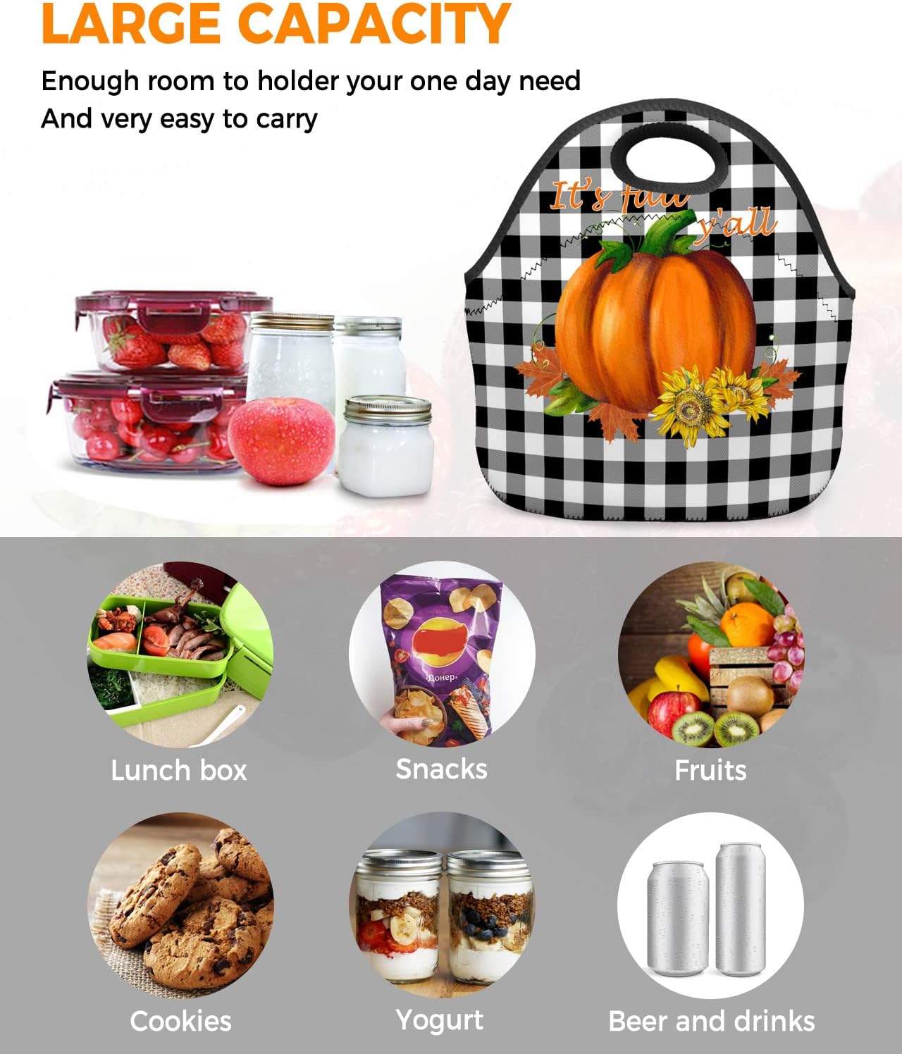 Reusable Neoprene Lunch Bag, It’s Fall Y’all Pumpkin on Black White Buffalo Plaid Soft Thermal Meal Tote, Lightweight Washable Insulated Lunch Pouch
