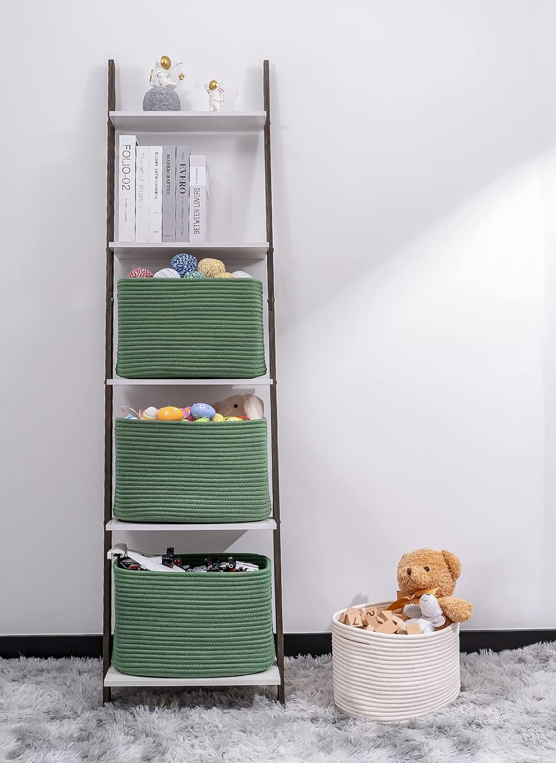Green 3 Pack Shelf Cube Storage Organizer Bins,Decorative Closet Storage Basket for Organizing,Skin-friendly Rope Basket for Shelves,Rectangular