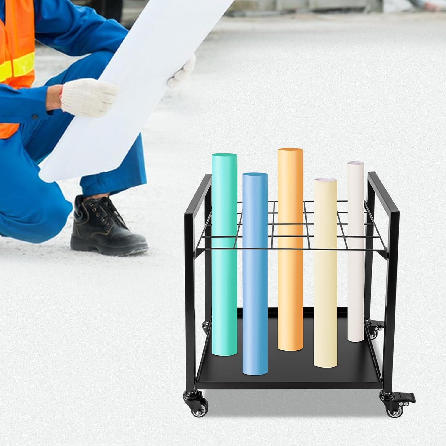 Blueprint – Soporte para archivos en rollo  20 ranuras, carrito de almacenamiento de planos de metal con ruedas, soporte para archivos de rollo para