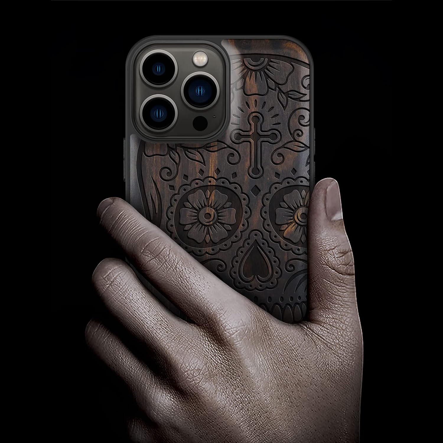 Carveit Funda magnética de madera para iPhone 13 Pro Max madera natural y TPU suave negro a prueba de golpes, funda de madera única y elegante