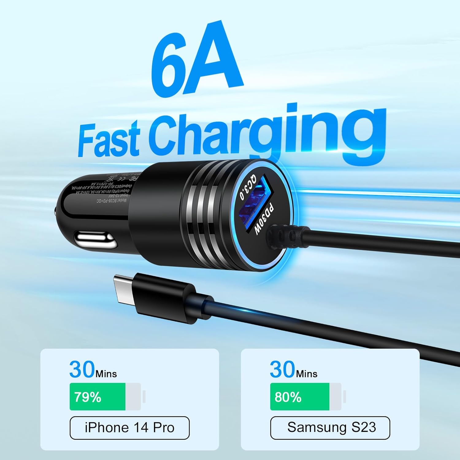 Cargador de coche Android Auto de 48 W, cable USB C retráctil para teléfono rápido, cable de carga en espiral tipo C de 3 pies y 6 pies para Samsung
