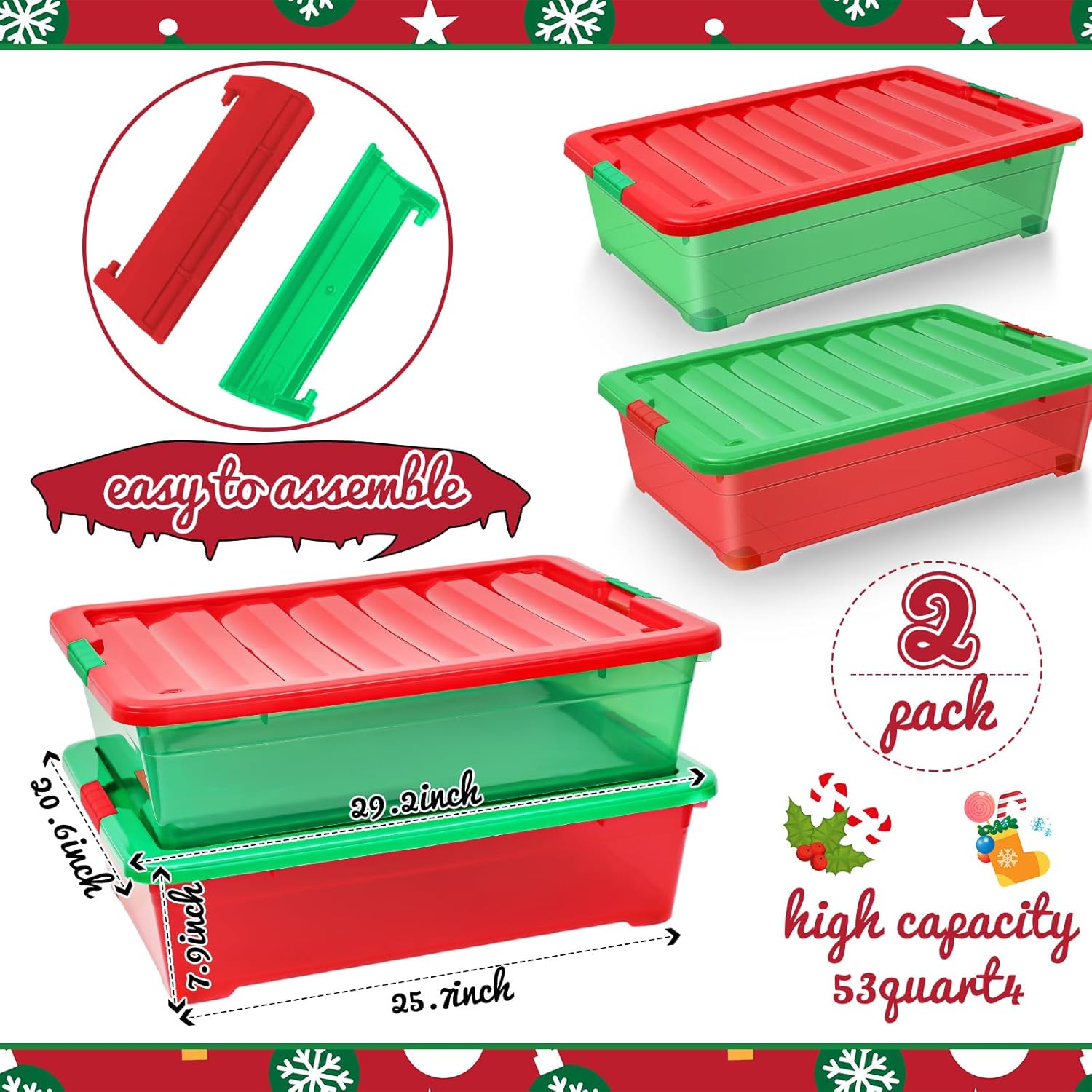 Abbylike Paquete de 2 contenedores de plástico de 53 cuartos de galón para guardar debajo de la cama con tapas, organizador de envoltura de regalos,