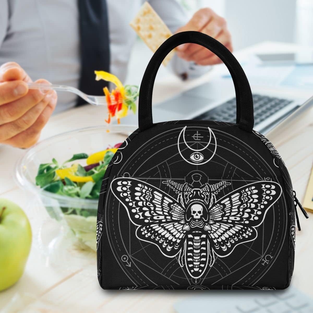 MNSRUU Bolsa de almuerzo para mujeres y hombres, bolsa de almuerzo térmica reutilizable con diseño de polilla de calavera negra, bolsa enfriadora