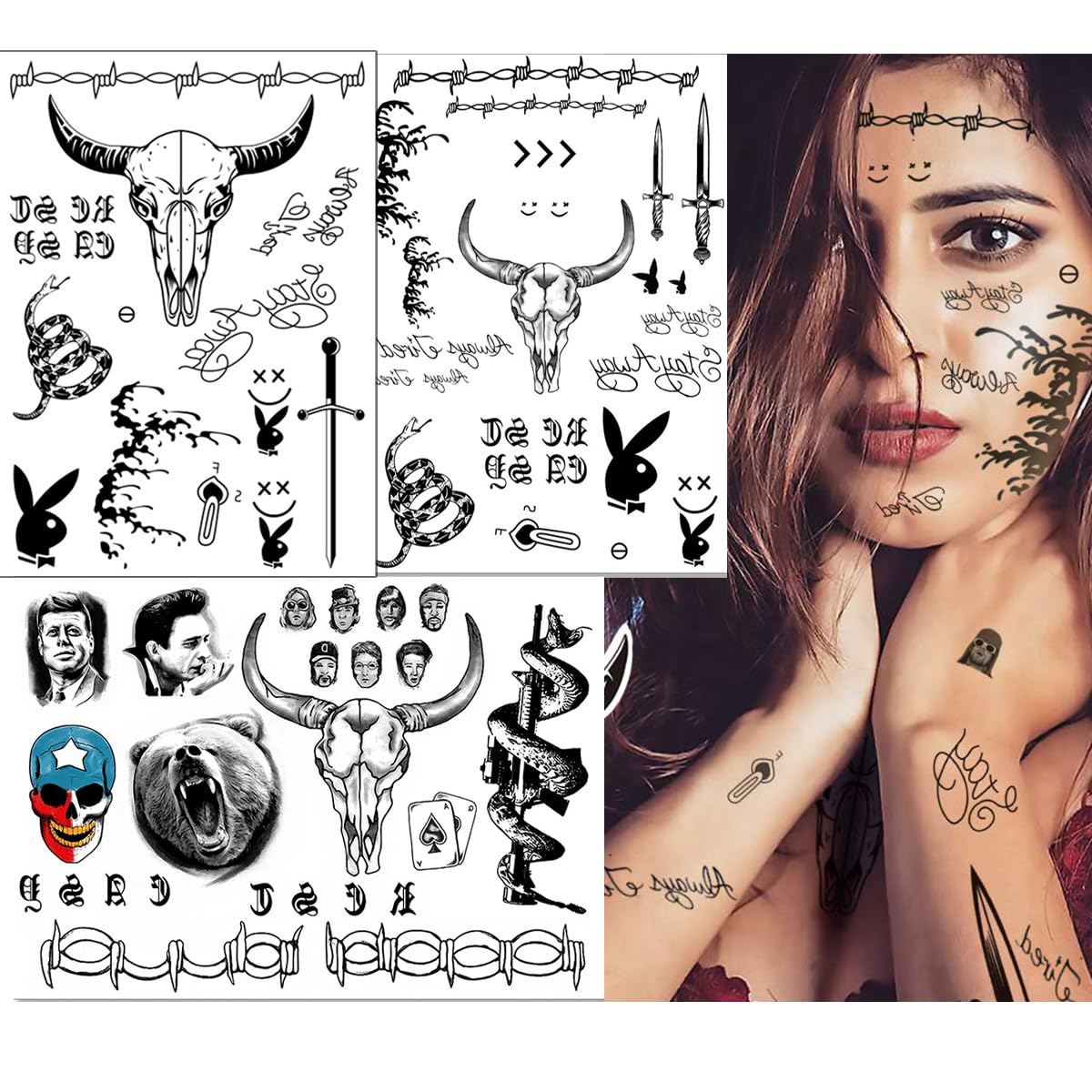 3 hojas de tatuajes faciales temporales de Halloween, cosplay, tatuajes falsos, juego de tatuajes de maquillaje, disfraz de Halloween, cosplay,
