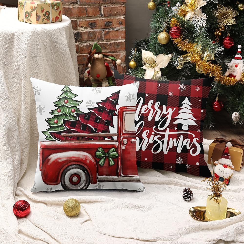 DFXSZ Juego de 4 fundas de almohada de Navidad de 18 x 18 pulgadas, diseño de árbol de Navidad, camión a cuadros negros y rojos, decoración de