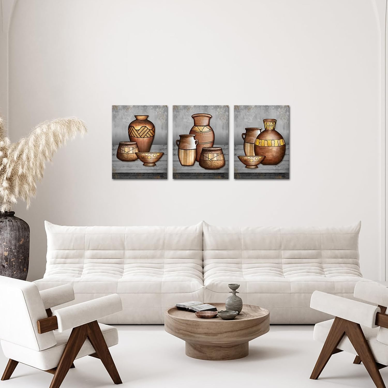 RyounoArt Lienzo africano de 3 piezas de arte de pared de cerámica antigua, pintura tradicional de jarrón tribal, impresiones para decoración de