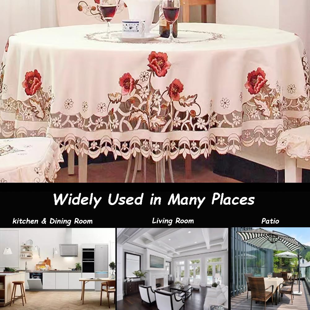 Mantel redondo clásico de encaje bordado con flores, sin arrugas y resistente a las manchas, mantel de mesa para cocina y cena (redondo de 60