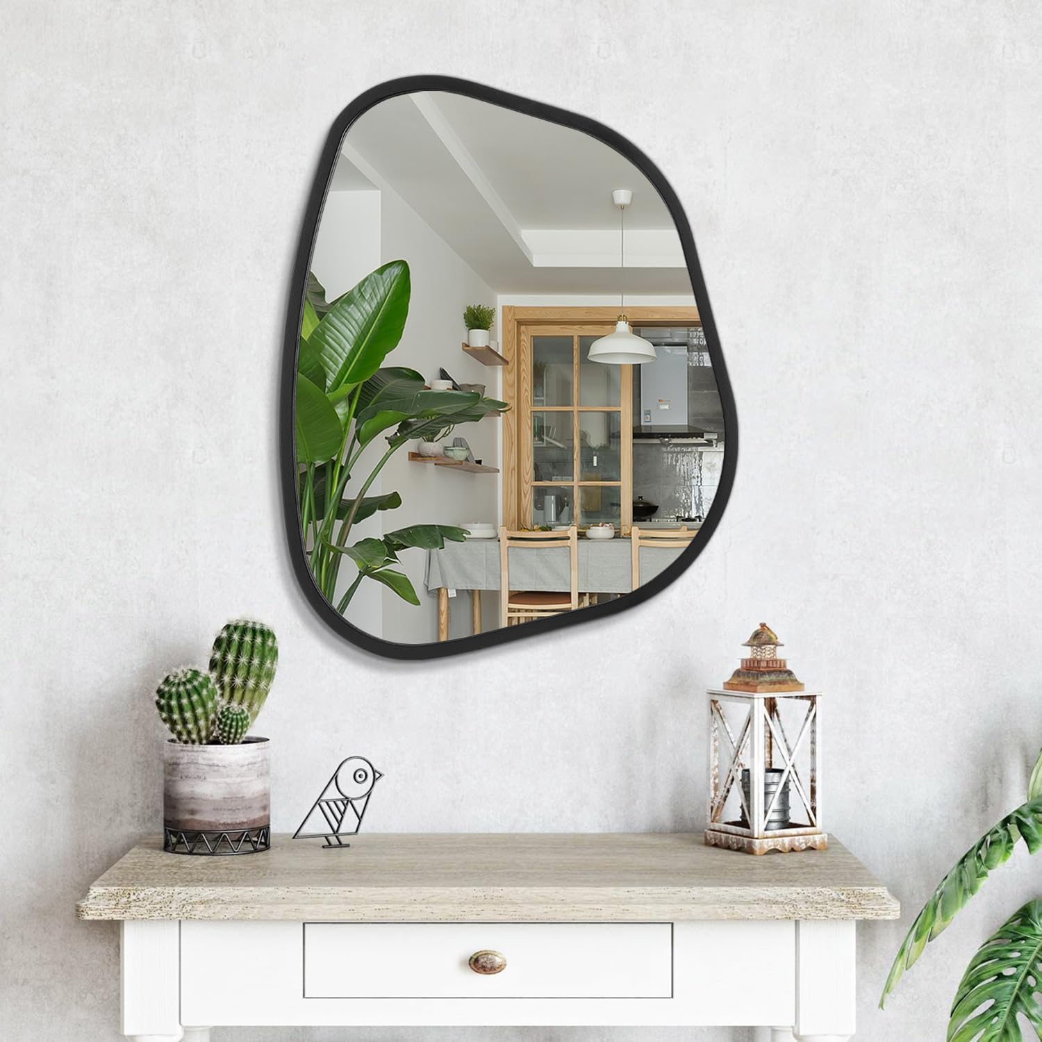 Espejo asimétrico negro grande de 20 x 16 pulgadas, espejo de pared ovalado irregular, marco de madera moderno, forma única, espejo artístico