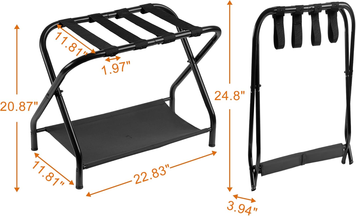 Heybly Portaequipajes, paquete de 2, soporte plegable de acero para maleta con estante de almacenamiento para dormitorio, hotel, marco de acero